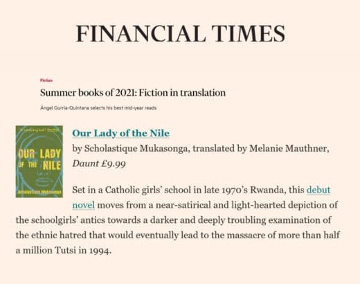 Our lady of Nile dans la Summer books of 2021 du Financial Times